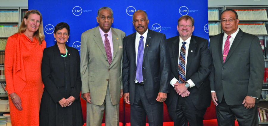 In a historic venture into the global market, The UWI partnered with the State University of New York (SUNY) to establish the SUNY-UWI Center for Leadership and Sustainable Development. At the launch event, (L-R) SUNY Empire State College President Merodie A. Hancock; Pro Vice-Chancellor and Principal of The UWI Open Campus, Dr Luz Longsworth; SUNY Board of Trustees Chairman, H. Carl McCall; Vice- Chancellor, Professor Sir Hilary Beckles; SUNY Provost and Executive Vice-Chancellor, Alexander N. Cartwright; and UWI Pro Vice-Chancellor for Global Affairs, Ambassador Richard Bernal.
