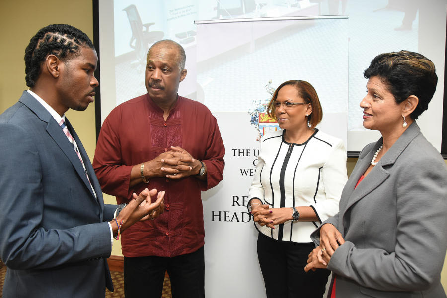 CDB Economist, Mr. Kevin Hope; Vice-Chancellor, Professor Sir Hilary Beckles; Mrs. Stacy Richards-Kennedy, The UWI Director of Development; and Dr. Luz Longsworth, Pro Vice-Chancellor and Principal, The UWI Open Campus at the course launch event.