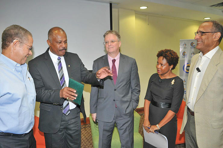 Vice-Chancellor, Professor Sir Hilary Beckles (second right) makes a point
at the forum, “Brexit and its Implications for the Caribbean”. With him are (l-r) Bruce Golding, Chair of Jamaica's CARICOM Review Commission; David Fitton, British High Commissioner to Jamaica; Dr. Dana Dixon, Executive Business Development & Research, Jamaica National Building Society; and Dr. Damien King, Co-Executive Director, Caribbean Policy Research Institute.