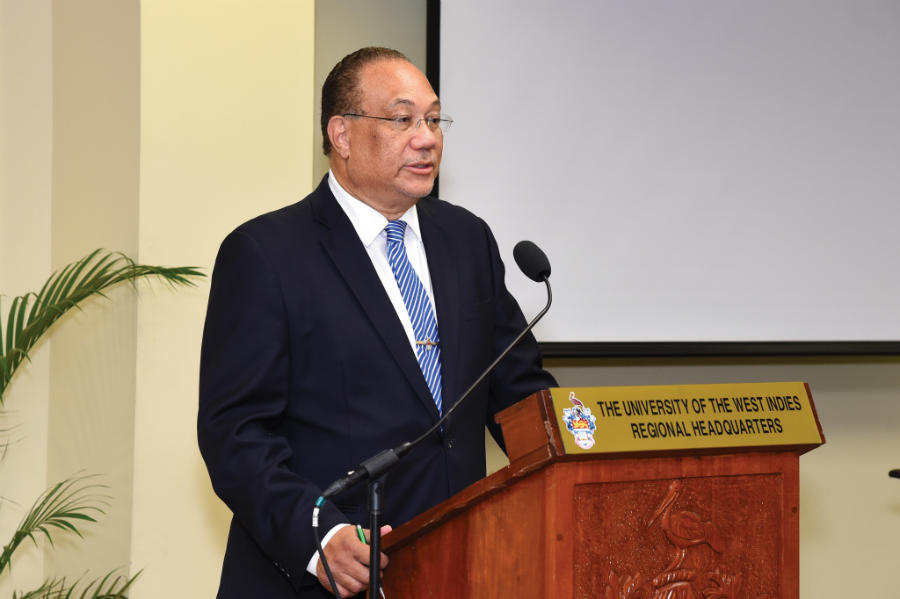 Ambassador Dr. Richard Bernal, Pro Vice-Chancellor Global Affairs, addresses the audience at the forum titled 'Taming the Caribbean Crime Monster: A Solutions Agenda'