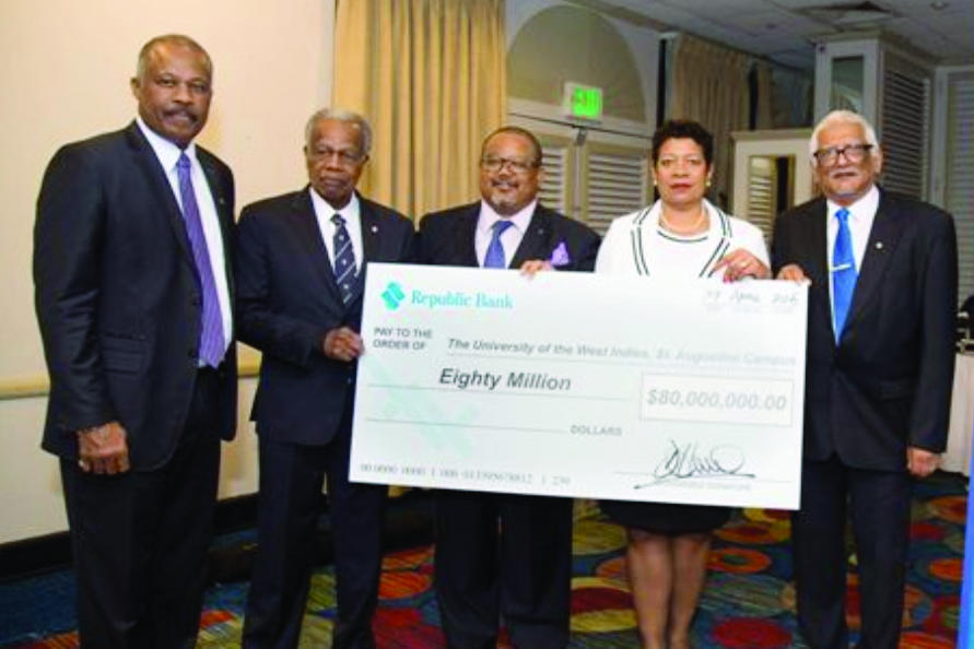 L-R) UWI Vice-Chancellor, Professor Sir Hilary Beckles; UWI Chancellor, Sir George Alleyne; Mr Derwin M. Howell - Executive Director, Republic Bank Limited; Ms. Jacqueline Quamina – Executive Director/ Group Legal Counsel, Republic Bank Limited and Professor Clement Sankat, then Pro Vice-Chancellor and Principal, The UWI St. Augustine Campus, at the St. Augustine Launch of Giving Week on April 29, 2016. “With the launch of this Global Giving programme we hopefully will see the coming of the day when our nation starts being defined by how much and how well we provide for each other.” Derwin Howell, Executive Director, Republic Bank Limited