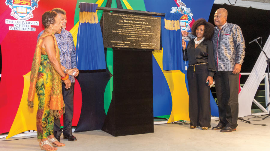 The Cave Hill Campus was honoured to have Ms. Ndelika Mandela, granddaughter of Nelson Mandela, join Professor Ihron Rensburg, Vice-Chancellor of the University of Johannesburgh; UWI Vice-Chancellor, Professor Sir Hilary Beckles; to declare open the Mandela Freedom Park on March 28, 2017 in a celebratory evening of performance, and witnessed by Prime Minister, the Honourable Freundel Stuart.